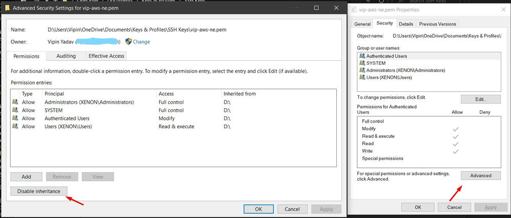 Disable inheritance in file security setting